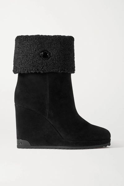 Shop Moncler W Short Shearling-lined Suede Wedge Ankle Boots In Black