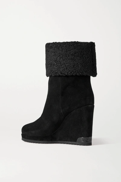 Shop Moncler W Short Shearling-lined Suede Wedge Ankle Boots In Black