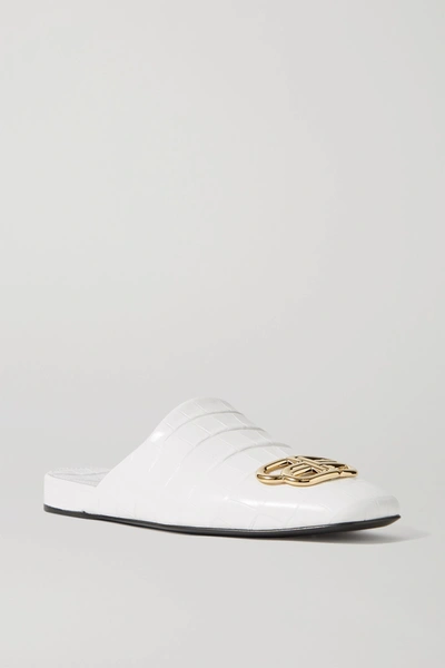 Shop Balenciaga Cosy Bb Logo-embellished Croc-effect Leather Slippers In White