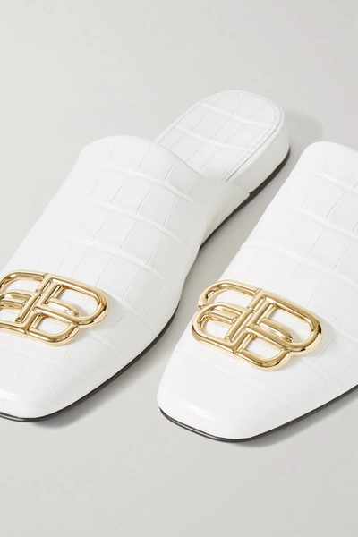Balenciaga Cosy Bb Logo-embellished Croc-effect Leather Slippers In White/  Gold | ModeSens