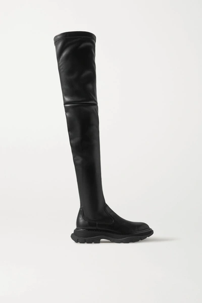 Shop Alexander Mcqueen Leather Exaggerated-sole Over-the-knee Boots In Black