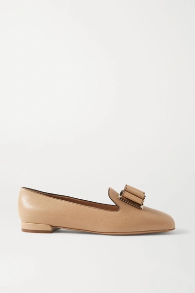 Shop Ferragamo Zaneta Bow-embellished Textured-leather Loafers In Beige
