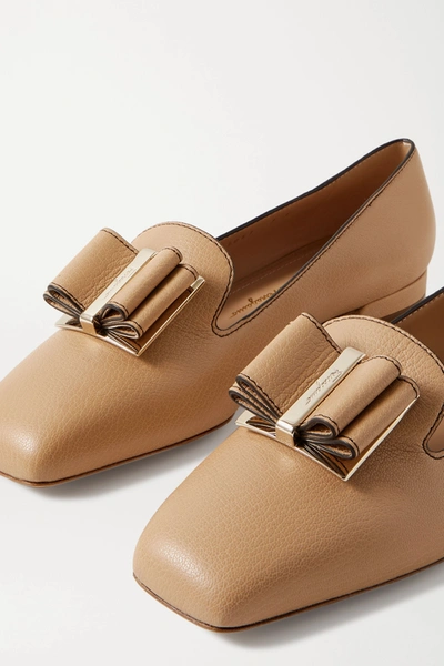 Shop Ferragamo Zaneta Bow-embellished Textured-leather Loafers In Beige