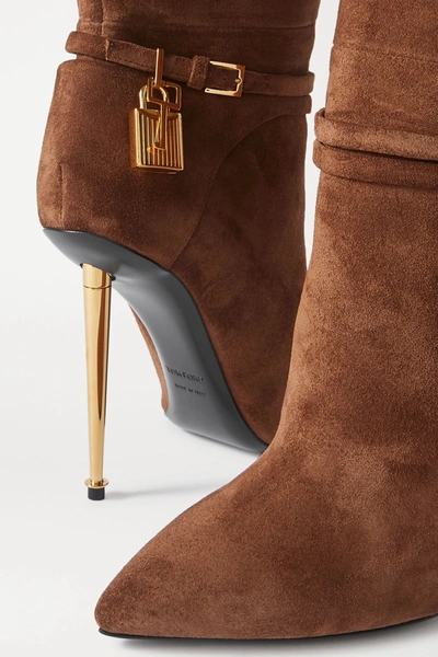 Shop Tom Ford Padlock Embellished Suede Knee Boots In Tan