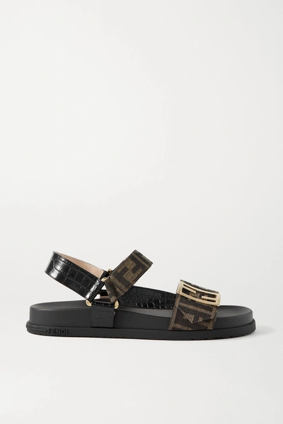 Shop Fendi Logo-embellished Canvas And Croc-effect Leather Sandals In Black