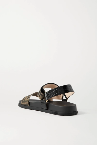 Shop Fendi Logo-embellished Canvas And Croc-effect Leather Sandals In Black