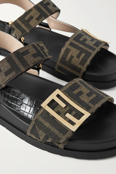 Shop Fendi Logo-embellished Canvas And Croc-effect Leather Sandals In Black