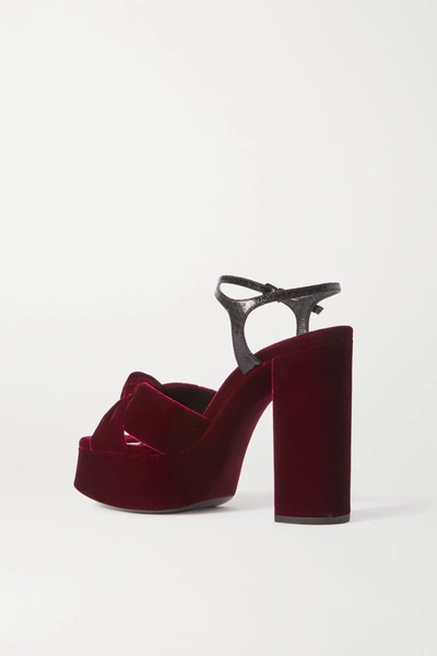 Shop Saint Laurent Bianca Snake-effect Leather-trimmed Knotted Velvet Platform Sandals In Burgundy