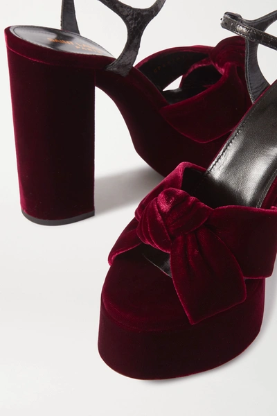 Shop Saint Laurent Bianca Snake-effect Leather-trimmed Knotted Velvet Platform Sandals In Burgundy
