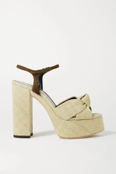 Shop Saint Laurent Bianca Suede-trimmed Raffia Platform Sandals In Beige