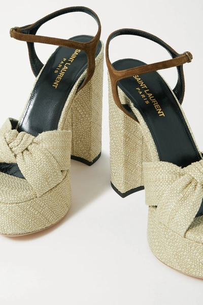 Shop Saint Laurent Bianca Suede-trimmed Raffia Platform Sandals In Beige