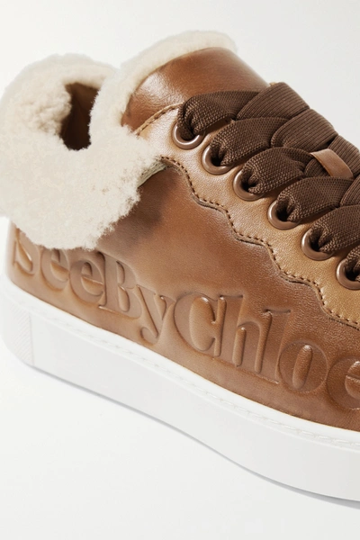 Shop See By Chloé Shearling-trimmed Logo-debossed Leather Sneakers In Tan
