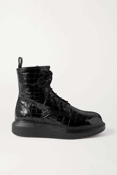 Shop Alexander Mcqueen Croc-effect Patent-leather Exaggerated-sole Ankle Boots In Black