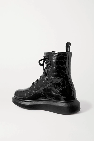 Shop Alexander Mcqueen Croc-effect Patent-leather Exaggerated-sole Ankle Boots In Black