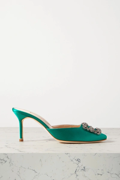 Shop Manolo Blahnik Hangisimu 70 Embellished Satin Mules In Green