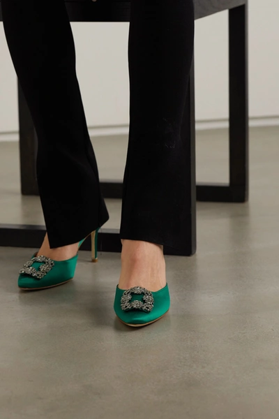 Manolo Blahnik Green Hangisi 70 Crystal Buckle Satin Mules In Green