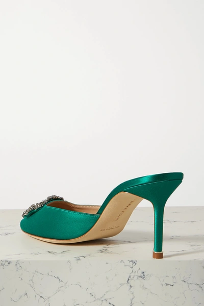 Manolo Blahnik Green Hangisi 70 Crystal Buckle Satin Mules In Green
