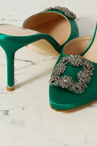 Manolo Blahnik Green Hangisi 70 Crystal Buckle Satin Mules In Green