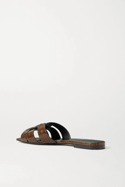 Shop Saint Laurent Tribute Woven Croc-effect Leather Sandals In Brown