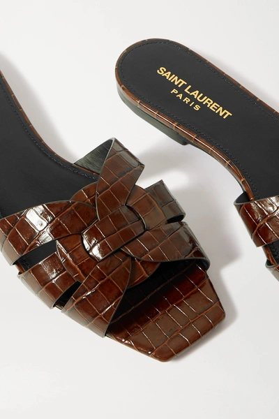 Shop Saint Laurent Tribute Woven Croc-effect Leather Sandals In Brown