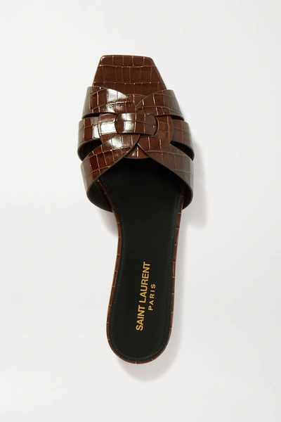 Shop Saint Laurent Tribute Woven Croc-effect Leather Sandals In Brown