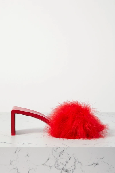 Balenciaga Mono Feather-embellished Leather Mules In Red | ModeSens