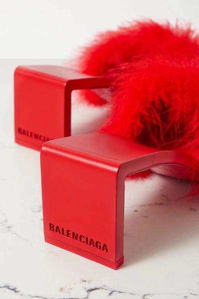 Shop Balenciaga Mono Feather-embellished Leather Mules In Red