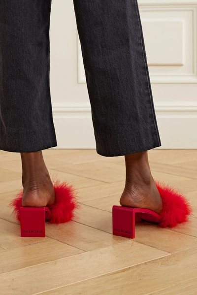 Shop Balenciaga Mono Feather-embellished Leather Mules In Red