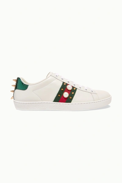 Shop Gucci Ace Faux Pearl-embellished Metallic Watersnake-trimmed Leather Sneakers In White