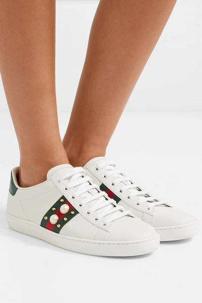 Gucci Ace Faux Pearl-embellished Metallic Watersnake-trimmed Leather  Sneakers In White | ModeSens