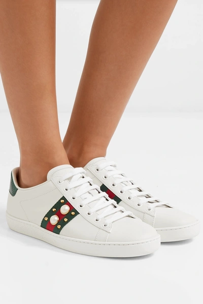 Shop Gucci Ace Faux Pearl-embellished Metallic Watersnake-trimmed Leather Sneakers In White