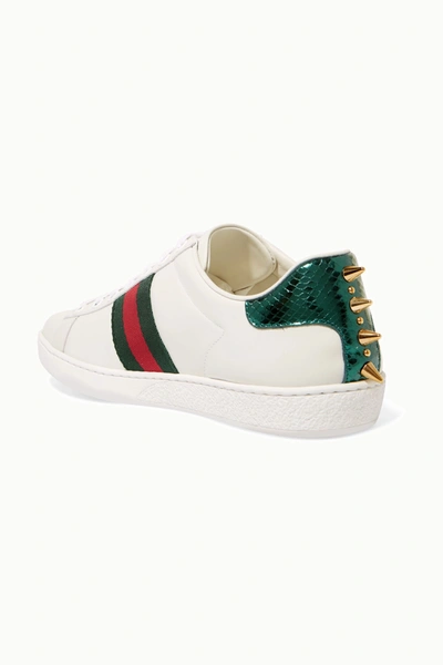 Shop Gucci Ace Faux Pearl-embellished Metallic Watersnake-trimmed Leather Sneakers In White