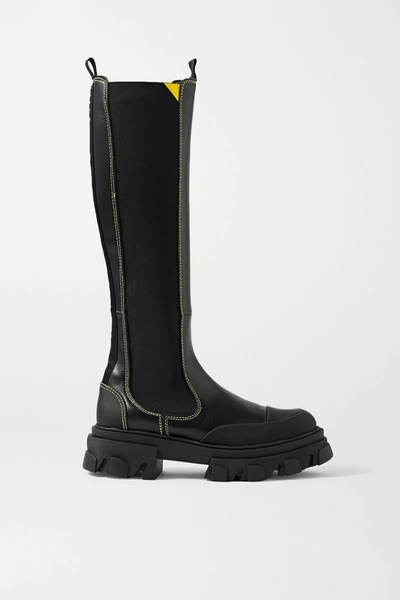 Shop Ganni Rubber-trimmed Leather Chelsea Knee Boots In Black