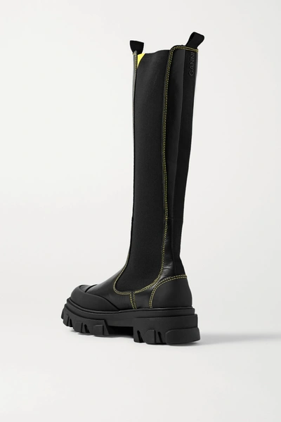 Shop Ganni Rubber-trimmed Leather Chelsea Knee Boots In Black