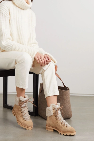 Shop Jimmy Choo Eshe Shearling-lined Suede Ankle Boots In Beige