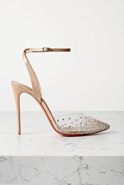 Shop Christian Louboutin Spika Queen 100 Crystal-embellished Pvc And Leather Pumps In Beige