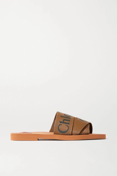 Shop Chloé Woody Logo-detailed Canvas Slides In Tan