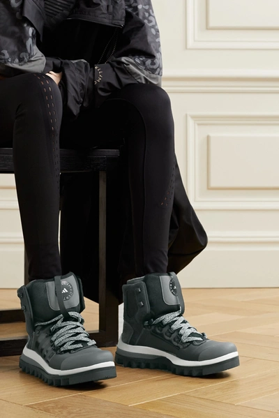 Shop Adidas By Stella Mccartney Eulampis Paneled Jersey, Mesh And Faux Suede Ankle Boots In Black