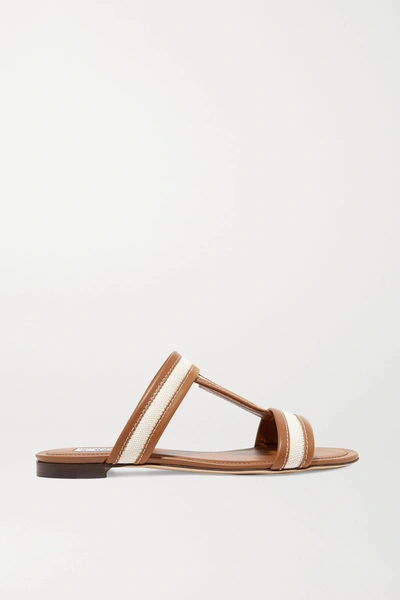 Shop Tod's Canvas And Leather Slides In Tan