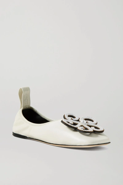 Shop Loewe Faux Pearl-embellished Leather Ballet Flats In White