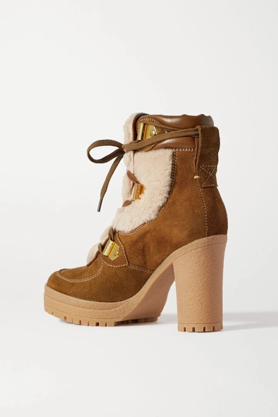 Shop See By Chloé Leather-trimmed Suede And Shearling Ankle Boots In Tan