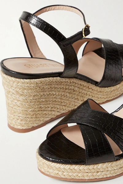 Shop Stuart Weitzman Rosemarie Croc-effect Leather Espadrille Wedge Sandals In Black