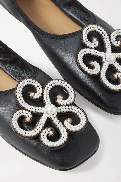 Shop Loewe Faux Pearl-embellished Leather Ballet Flats In Black
