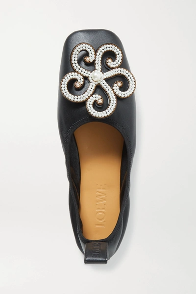 Shop Loewe Faux Pearl-embellished Leather Ballet Flats In Black