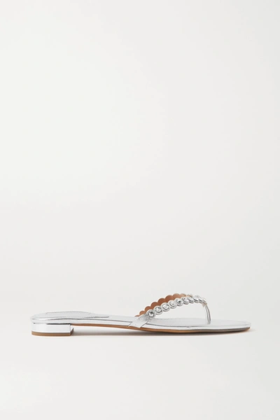 Shop Aquazzura Tequila Crystal-embellished Metallic Leather Flip Flops In Silver