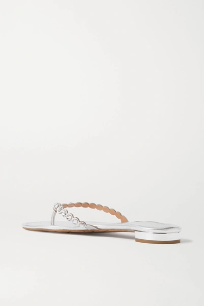 Shop Aquazzura Tequila Crystal-embellished Metallic Leather Flip Flops In Silver