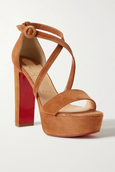 Shop Christian Louboutin Loubi Bee Alta 130 Suede Platform Sandals In Tan