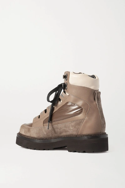 Shop Brunello Cucinelli Leather, Suede And Glossed-shell Ankle Boots In Tan