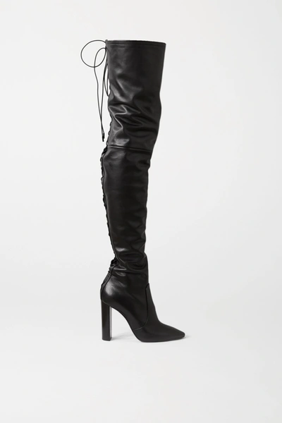 Shop Saint Laurent Moon Lace-up Leather Over-the-knee Boots In Black