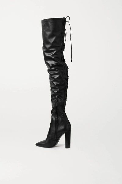 Shop Saint Laurent Moon Lace-up Leather Over-the-knee Boots In Black